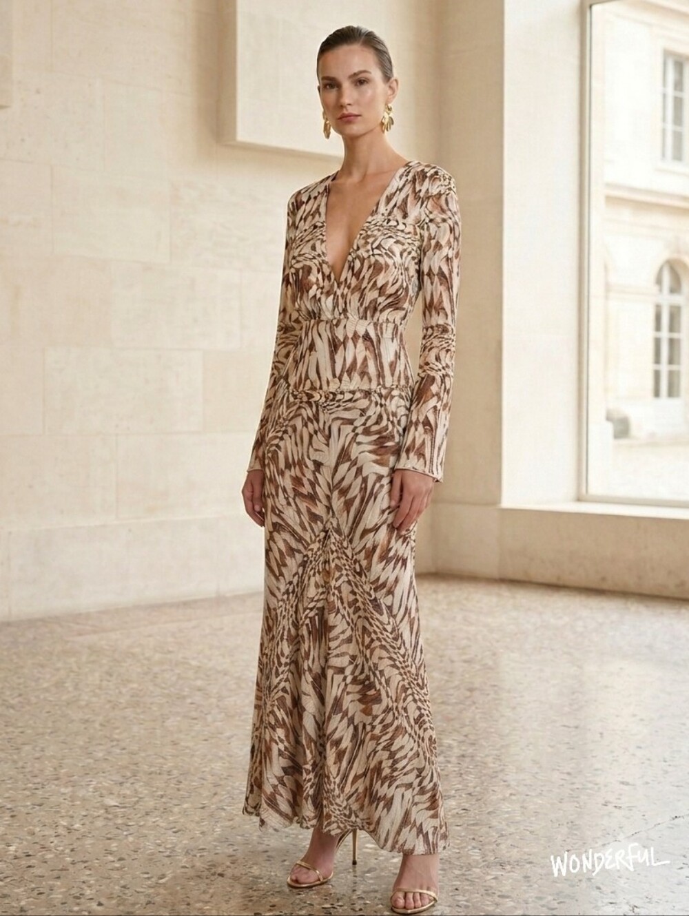 Aiifos Silk V-Neck Surplise Abstract Print Long Sleeve Maxi Dress Size M Luxury